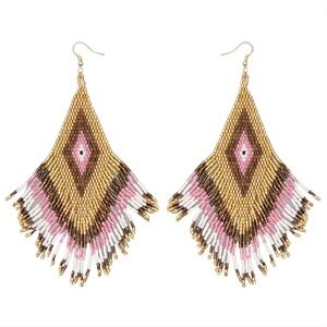 Gold Pink Miyuki Seed Bead Fringe Earrings